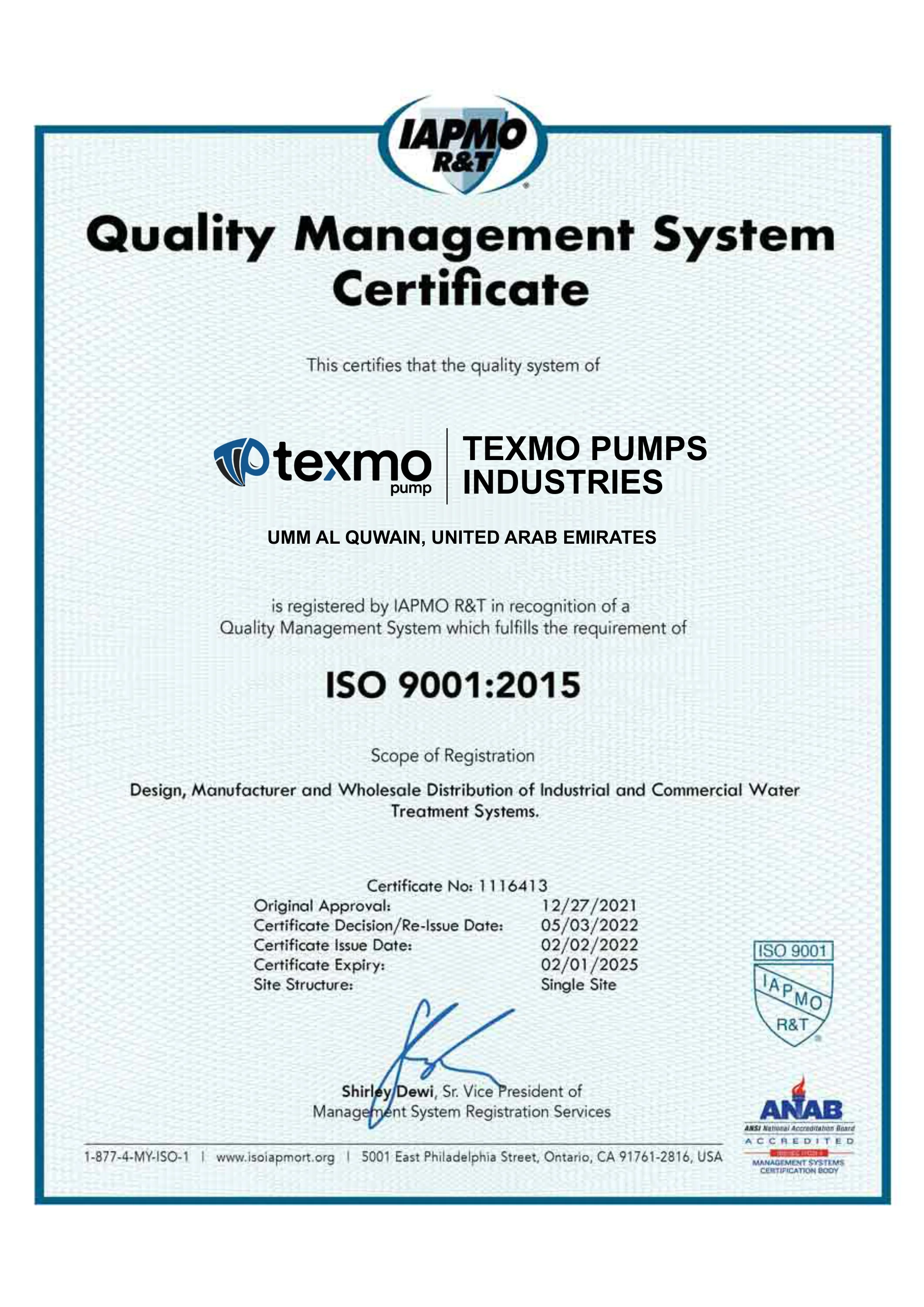 IAPMO R&T ISO 9001:2015 Quality Management Certificate — Texmo Pumps