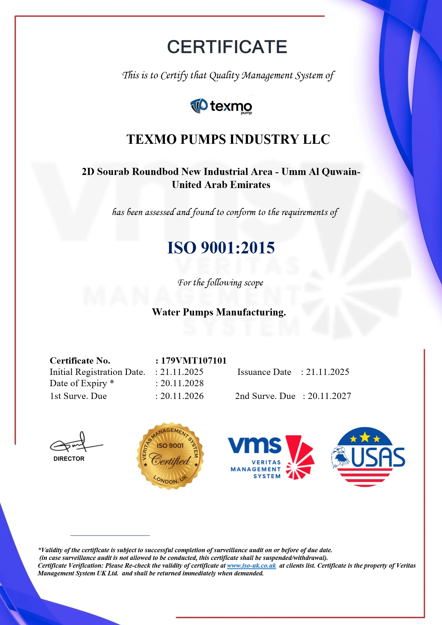 ISO 9001:2015 certificate by Veritas Management System — Texmo water pump manufacturing