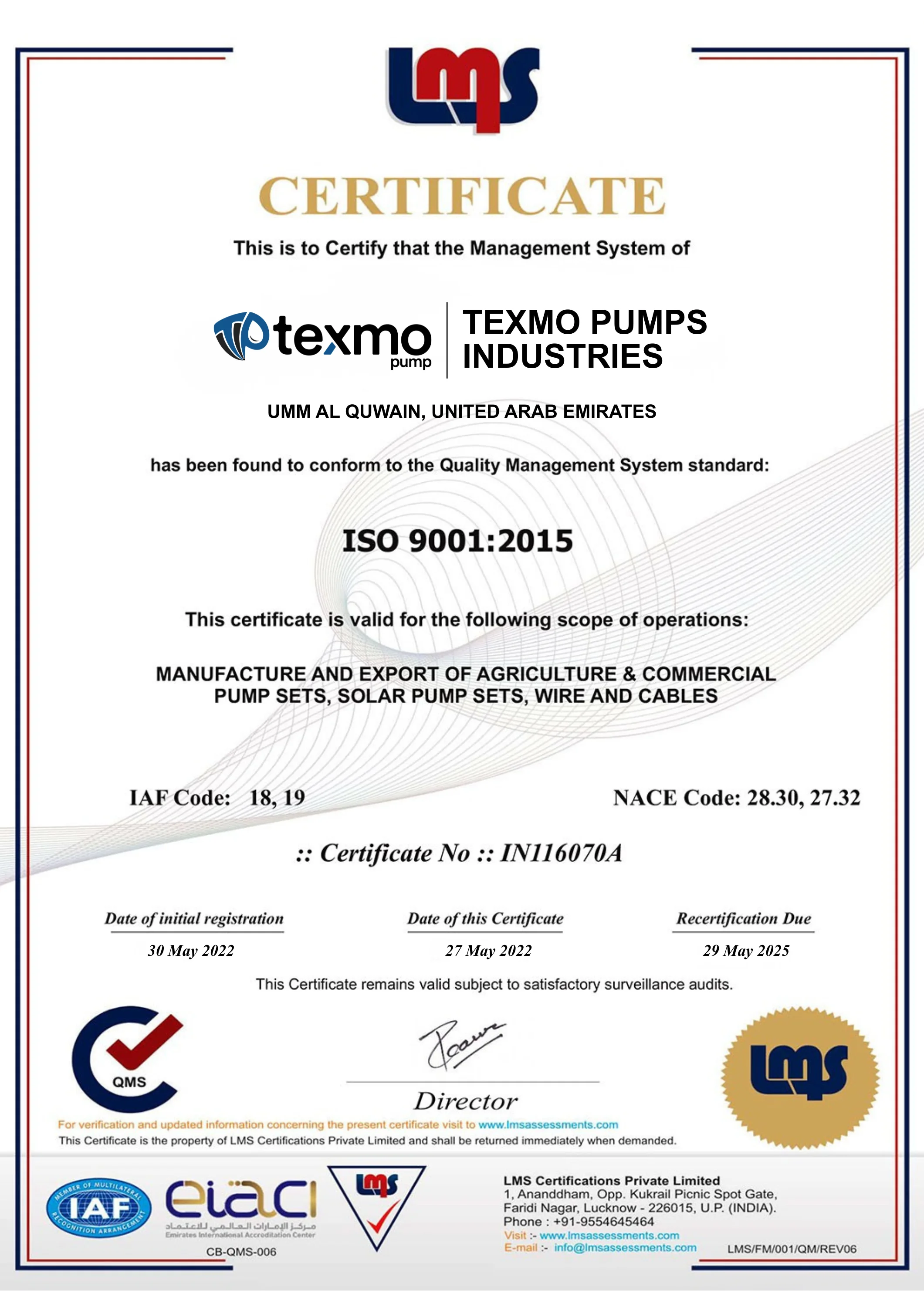 LMS ISO 9001:2015 certificate — Texmo Pumps agricultural and commercial pump sets